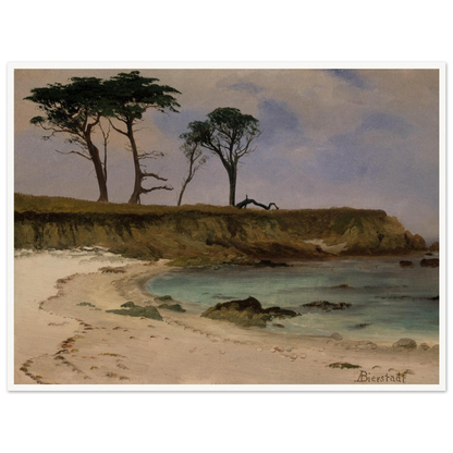 A quiet sea cove with pale sand, blue water, rocky cliffs, and wind-shaped trees.