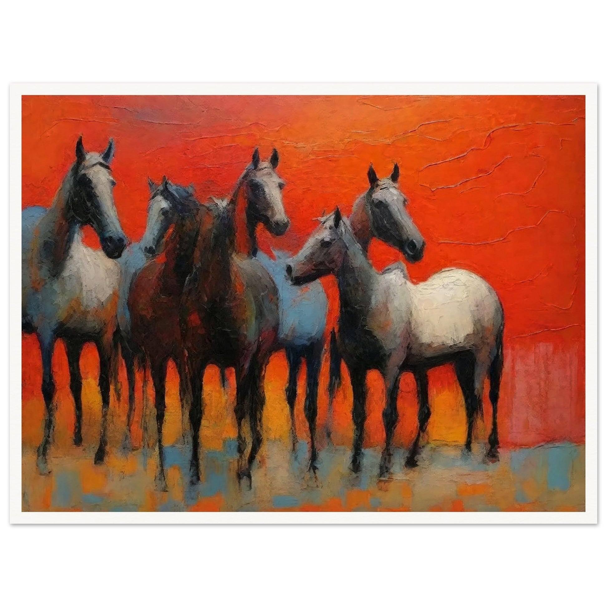 A stunning painting of a group of horses standing together against a vibrant red-orange background, showcasing their grace and strength.