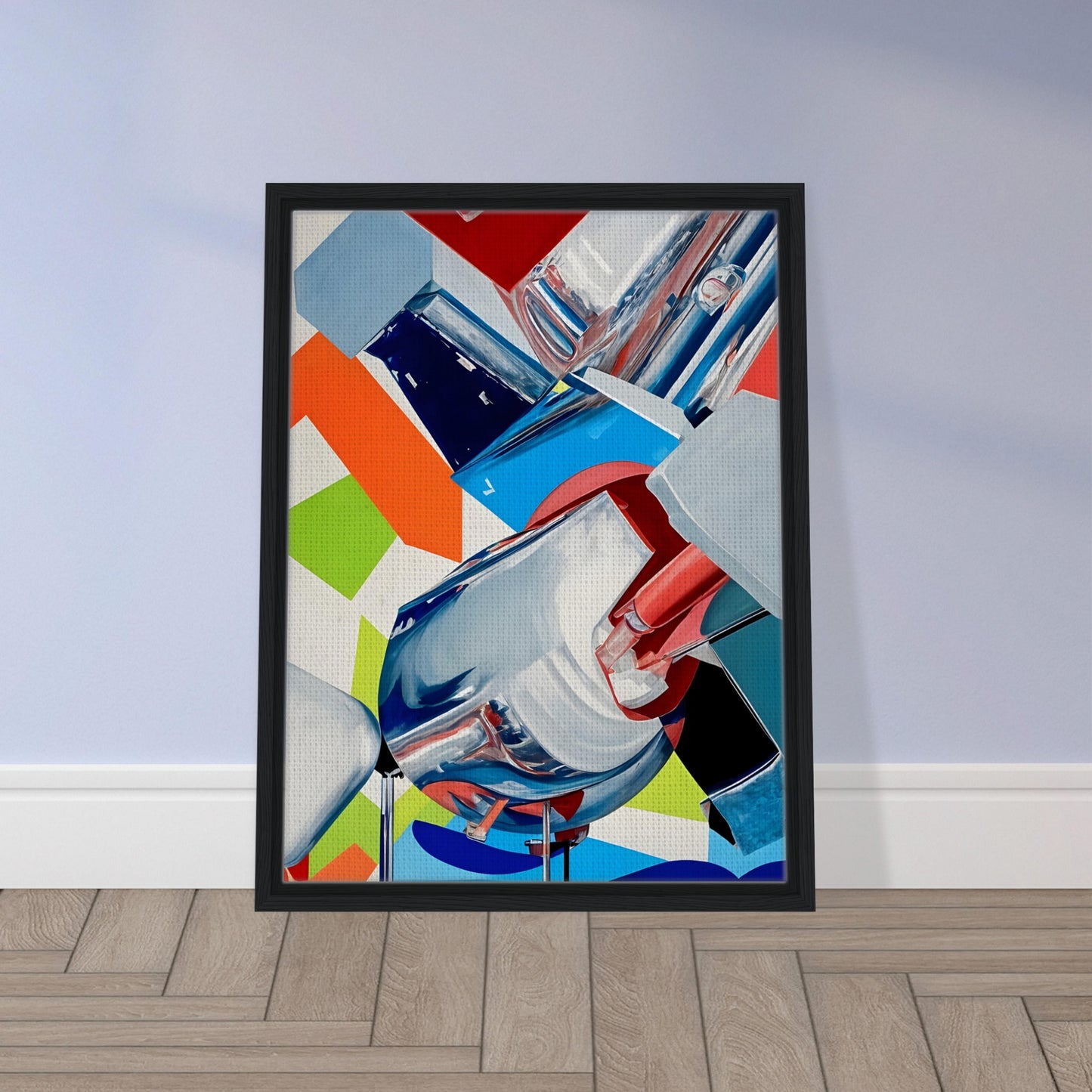 A futuristic composition featuring dynamic metallic structures reflecting bold hues of red, blue, green, and orange, set against a geometric background.