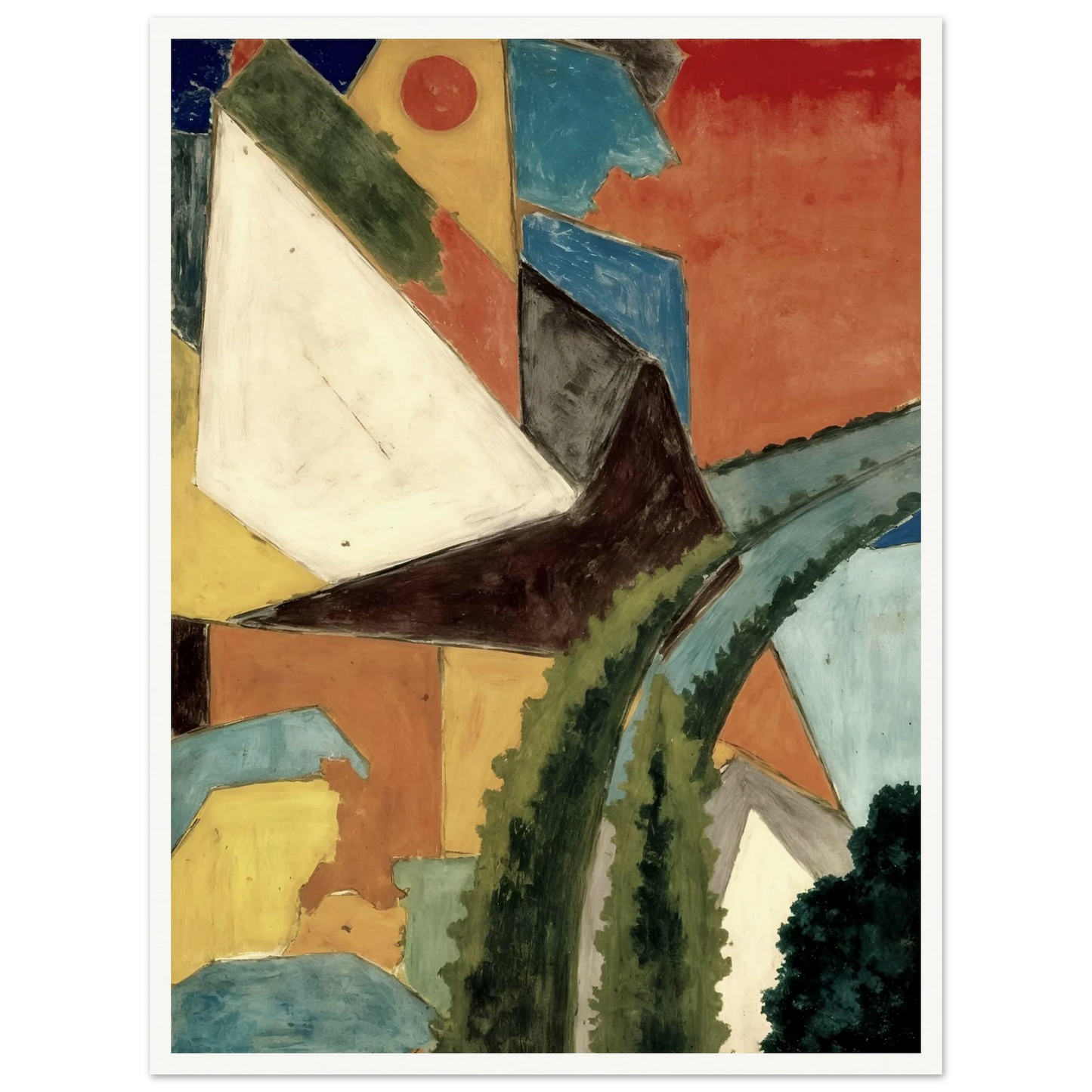 Angular rooftops and winding green pathways rise through warm ochre tones beneath a glowing crimson sky.