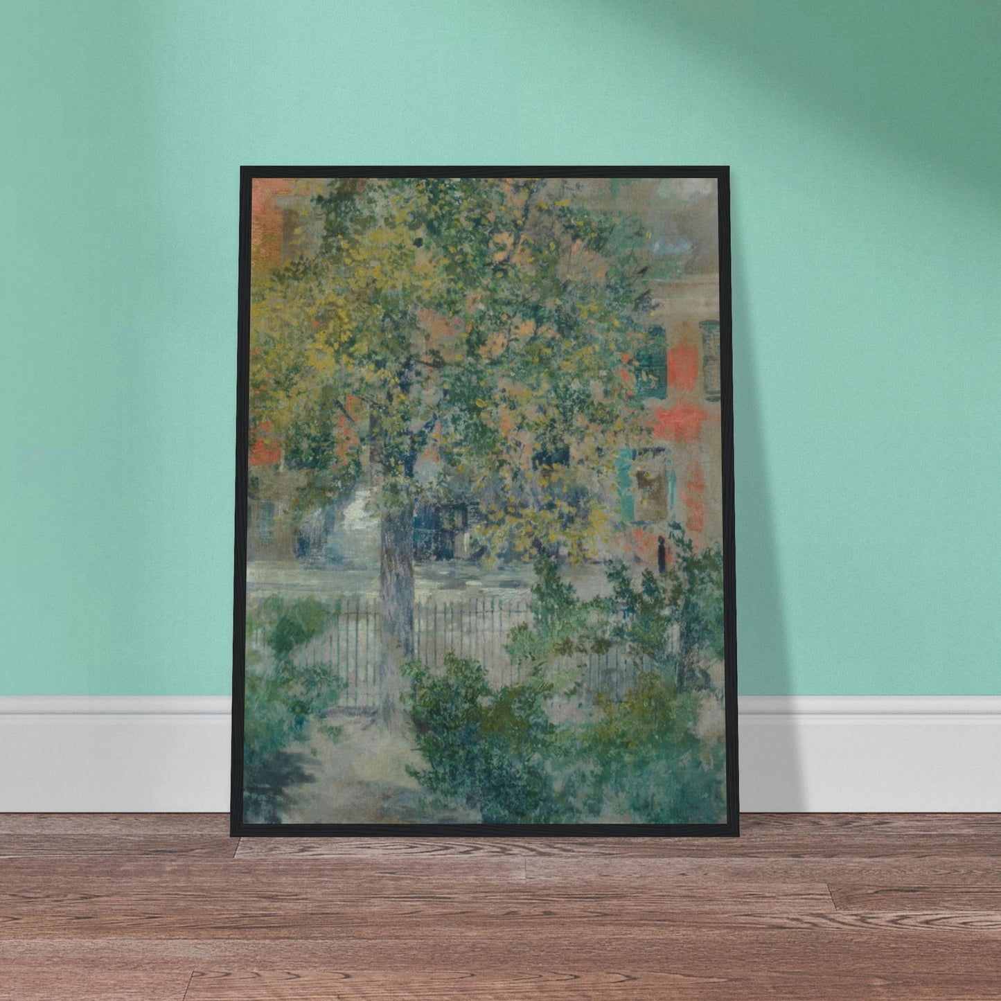 A leafy tree fills a quiet Grove Street view, with an iron fence and pastel buildings beyond.