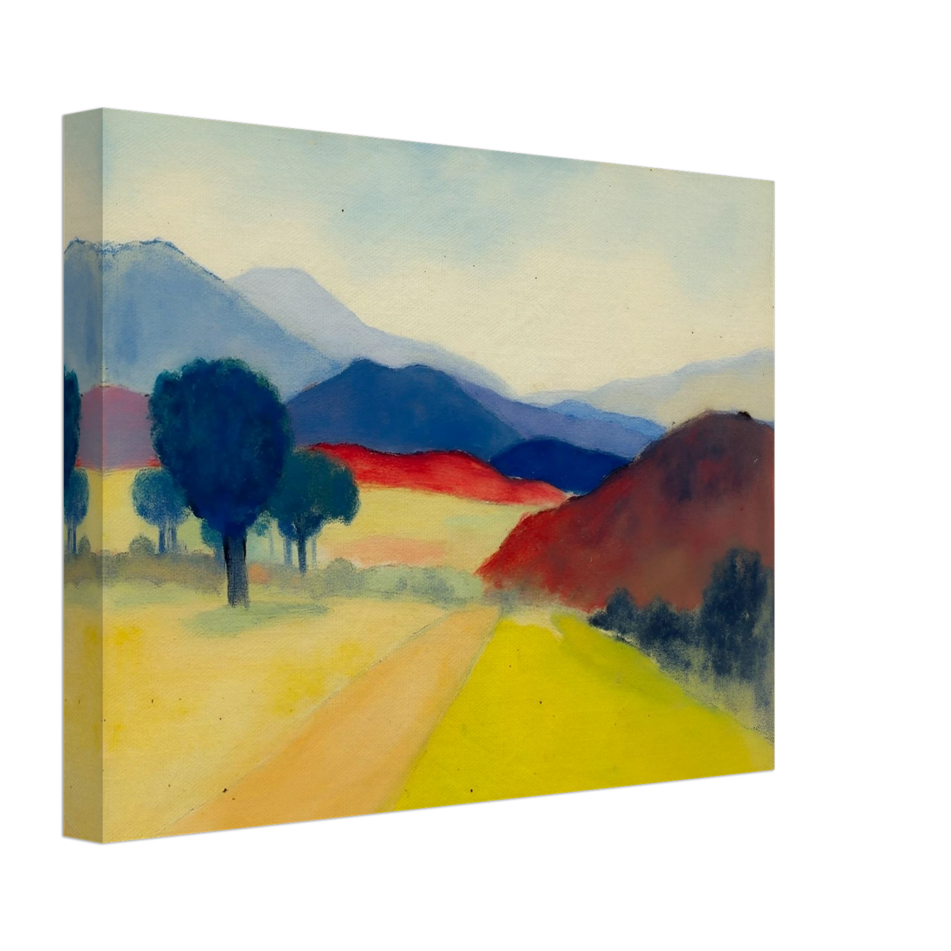 A serene expressionist landscape featuring a pale country road winding through golden fields, deep blue trees, crimson hills, and layered mountains fading into the distance beneath a soft sky.