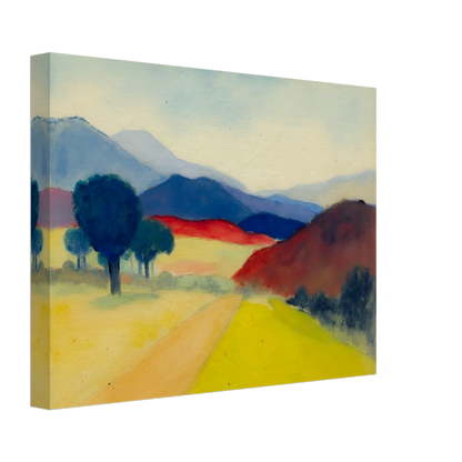 A serene expressionist landscape featuring a pale country road winding through golden fields, deep blue trees, crimson hills, and layered mountains fading into the distance beneath a soft sky.