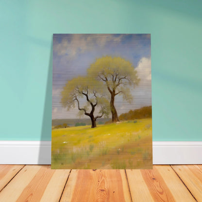 Two softly curved trees rise from a sunlit yellow-green field under a partly cloudy blue sky, evoking peace and resilience.