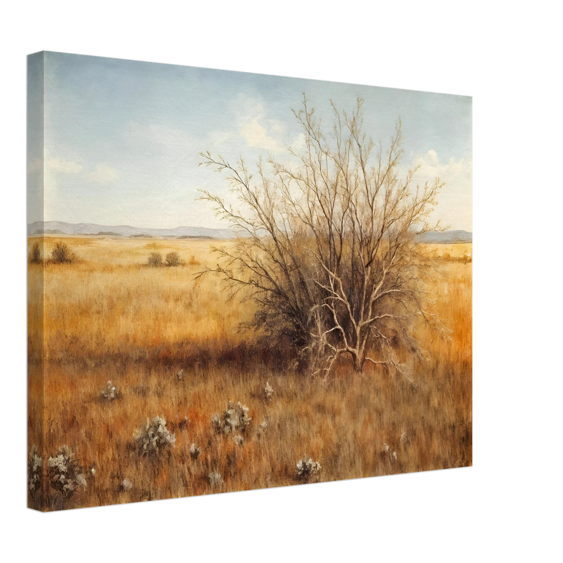 A golden-brown field stretches into the distance under a pale blue sky, with a single dry bush standing in quiet solitude.