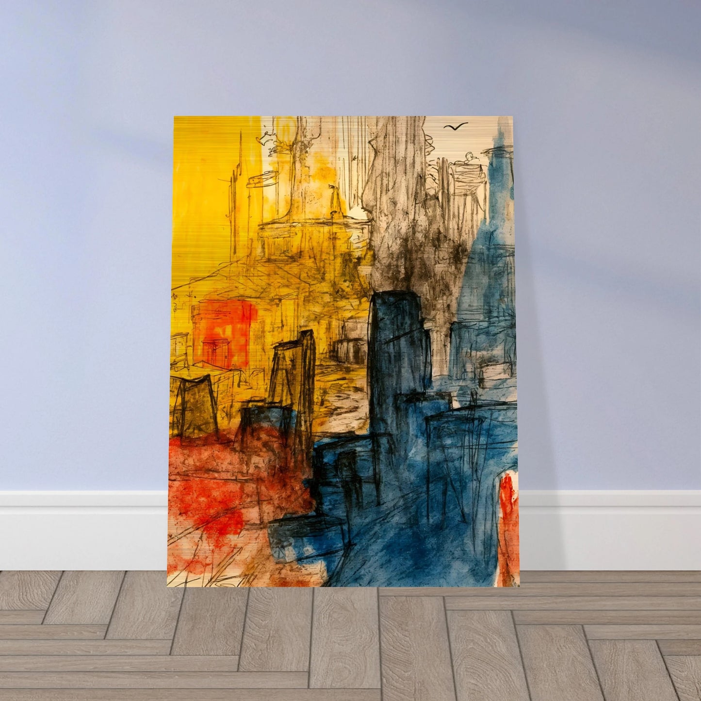 Expressive cityscape with golden facades, blue towers, and loose ink lines creating a vibrant urban atmosphere.