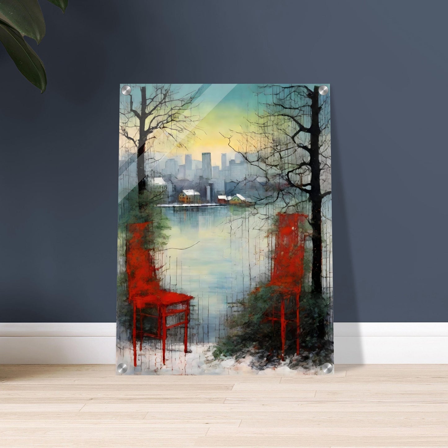 An atmospheric painting featuring two red chairs near a serene lake, framed by bare trees, with a distant city skyline at dusk