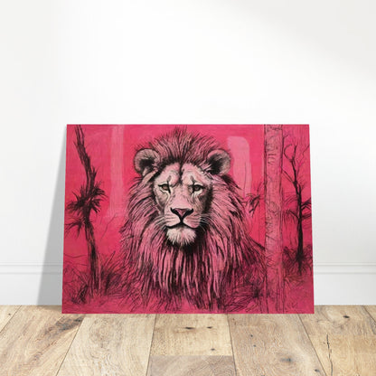 A striking painting of a lion with a majestic mane set against a vivid pink background, capturing the animal's regal presence.