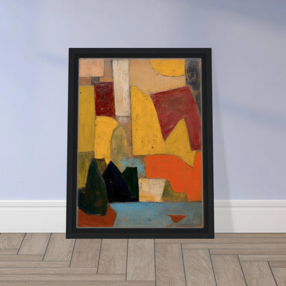 Warm yellow, red, and orange forms sit above a soft blue base with dark rounded shapes.