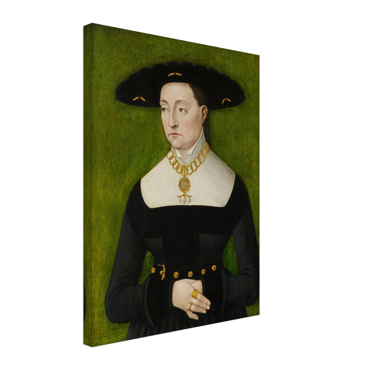 A woman in a black dress and broad hat poses against a green background with gold jewelry.