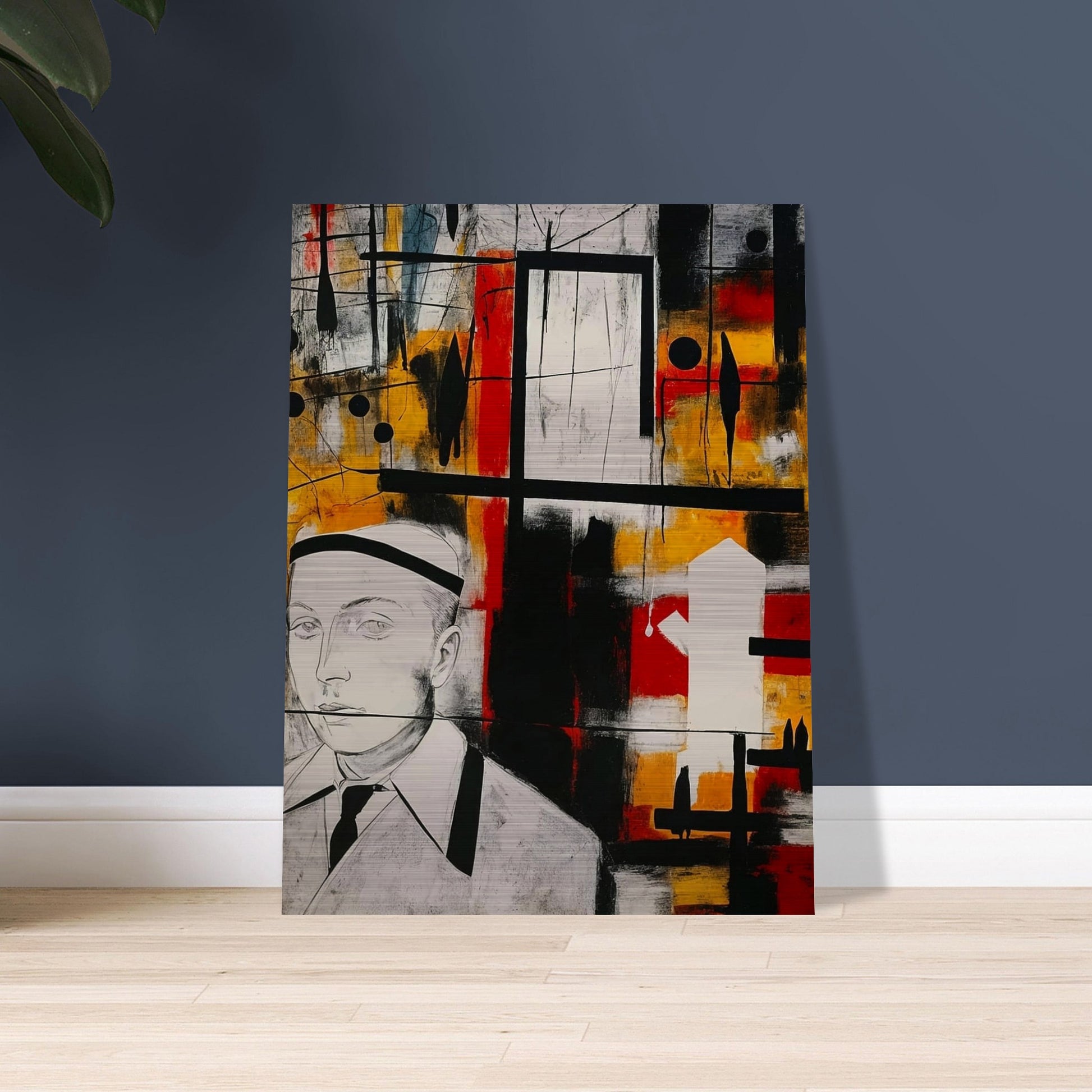 Abstract artwork featuring a man in a suit and hat against a vibrant background with geometric shapes and bold colors.