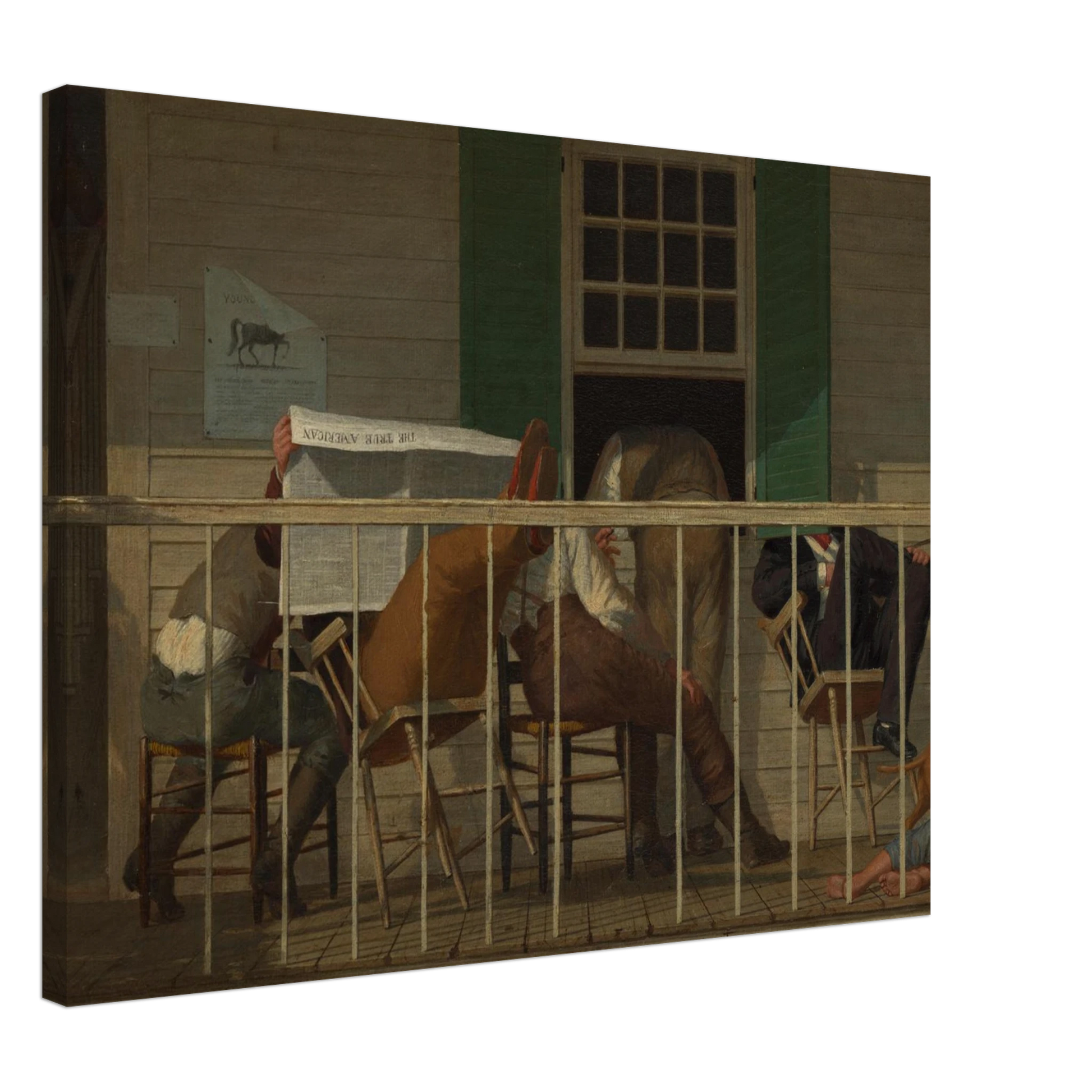 Men sit on a porch reading a newspaper while a child rests beside a dog