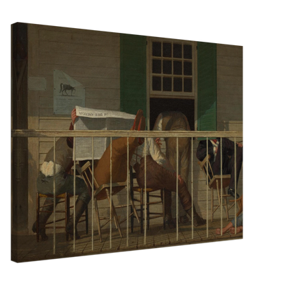 Men sit on a porch reading a newspaper while a child rests beside a dog