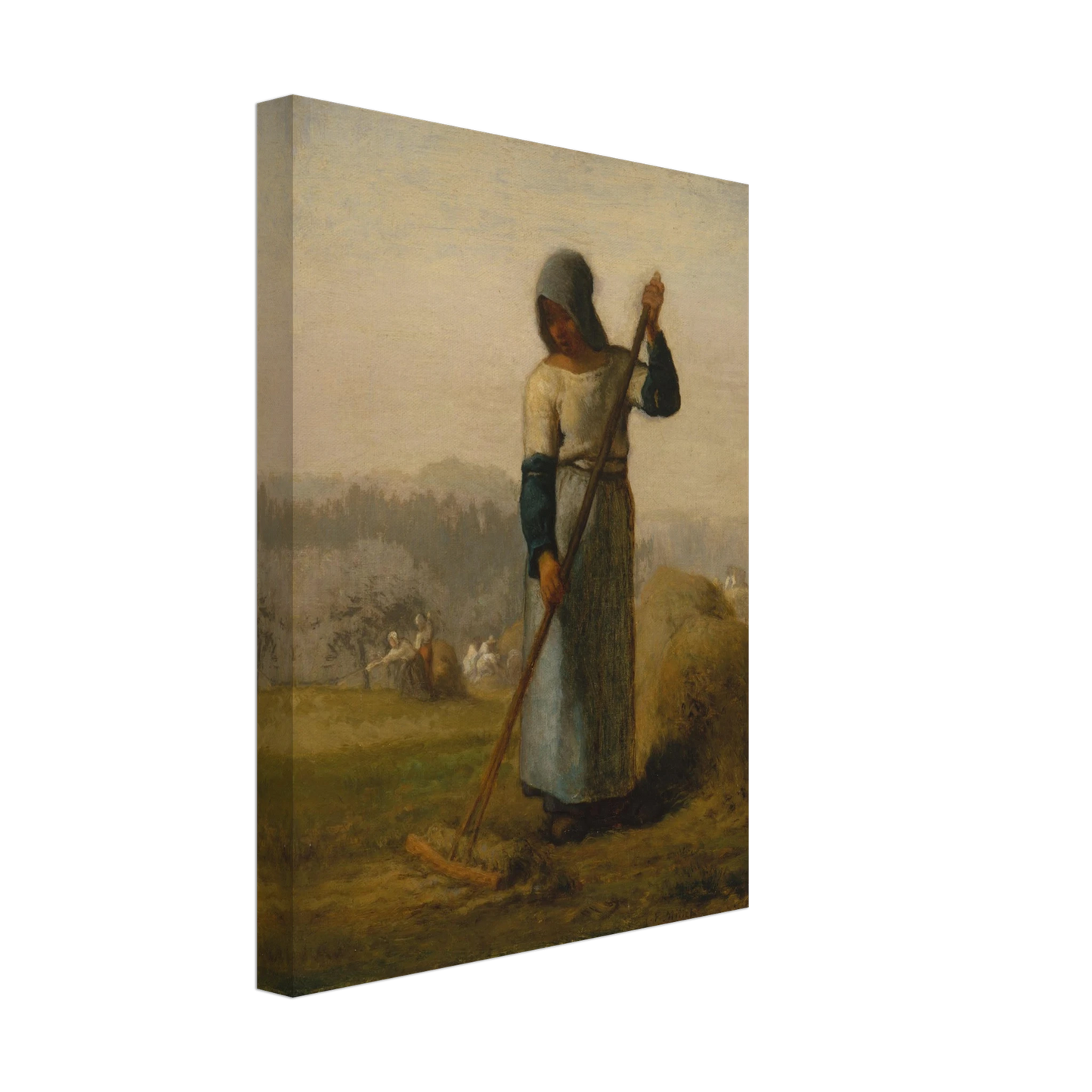 A peasant woman holds a wooden rake beside a haystack as farm workers gather hay in a distant field.