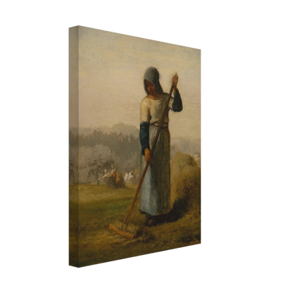 A peasant woman holds a wooden rake beside a haystack as farm workers gather hay in a distant field.