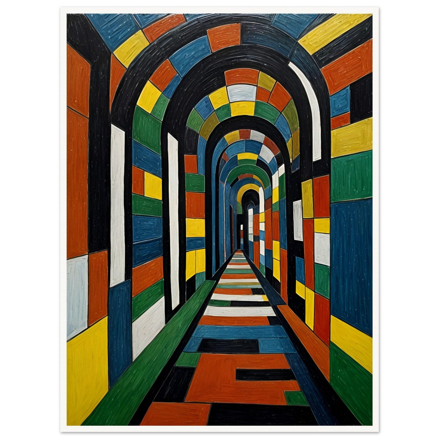 A striking, colorful tunnel with geometric patterns, creating a mesmerizing sense of depth and perspective in a surreal architectural space.