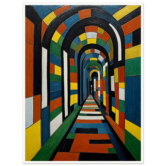 A striking, colorful tunnel with geometric patterns, creating a mesmerizing sense of depth and perspective in a surreal architectural space.