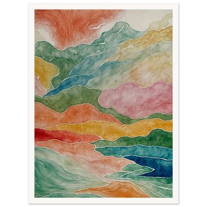 Abstract watercolor painting depicting fluid, layered mountains in a spectrum of colors, creating a sense of natural movement.