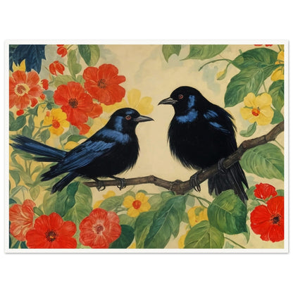 "A vibrant painting of two black birds perched on a branch surrounded by lush red and yellow flowers and green foliage, set against a soft background."