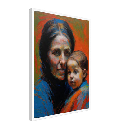 A touching portrait of a mother and child with warm, vibrant colors and expressive brushstrokes.