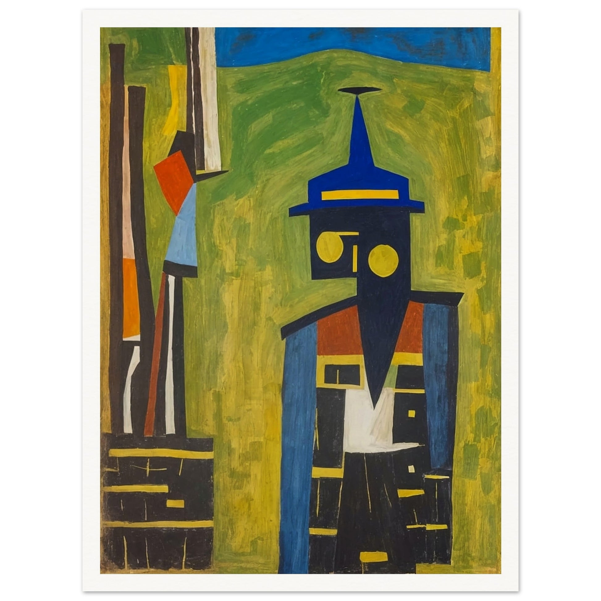 "An abstract painting featuring a geometric figure with a blue hat, composed of bold shapes and colors, set against a green and yellow background."