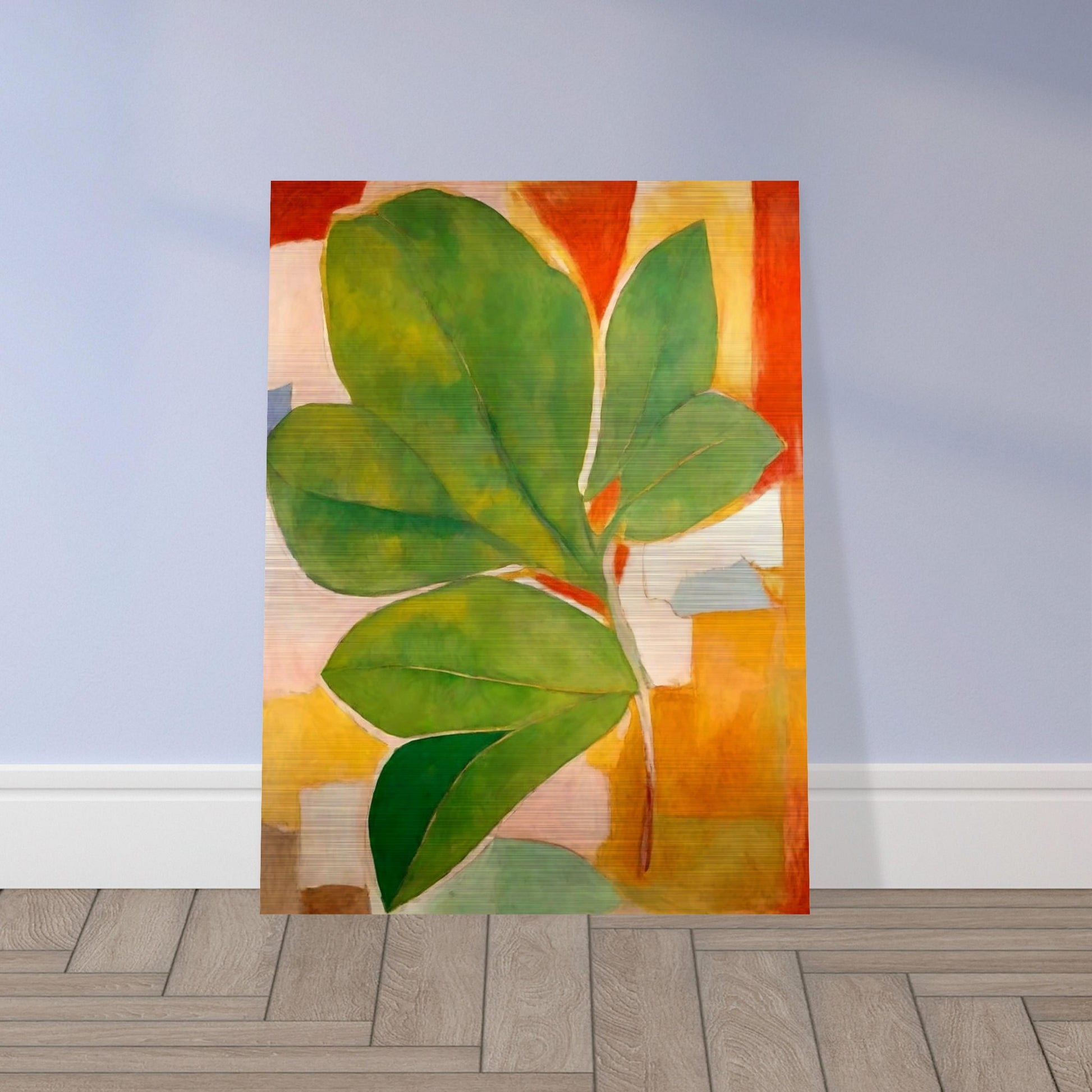 A large green leaf stands out against a background of abstract shapes in warm hues of orange, red, and beige, creating a striking composition of color and form.