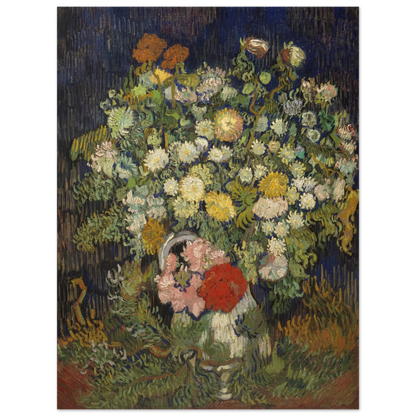 A lush bouquet of white, yellow, pink, and red flowers rises from a vase against a dark blue background.