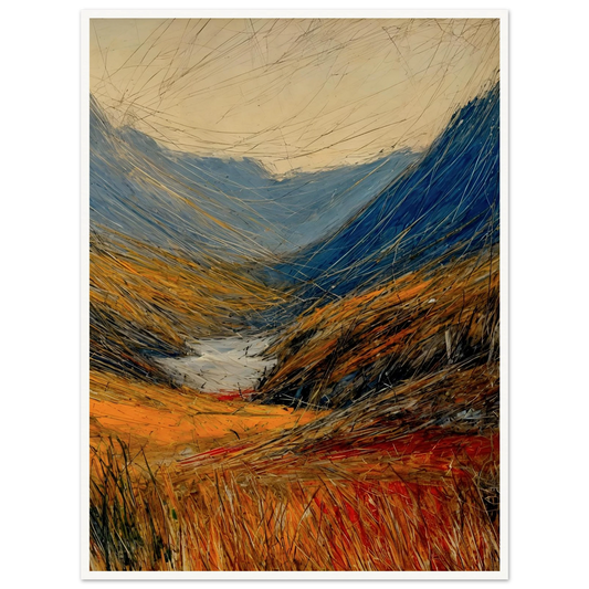 Windswept valley of golden grasses and deep blue mountains painted with vivid, dynamic strokes under a pale sky.