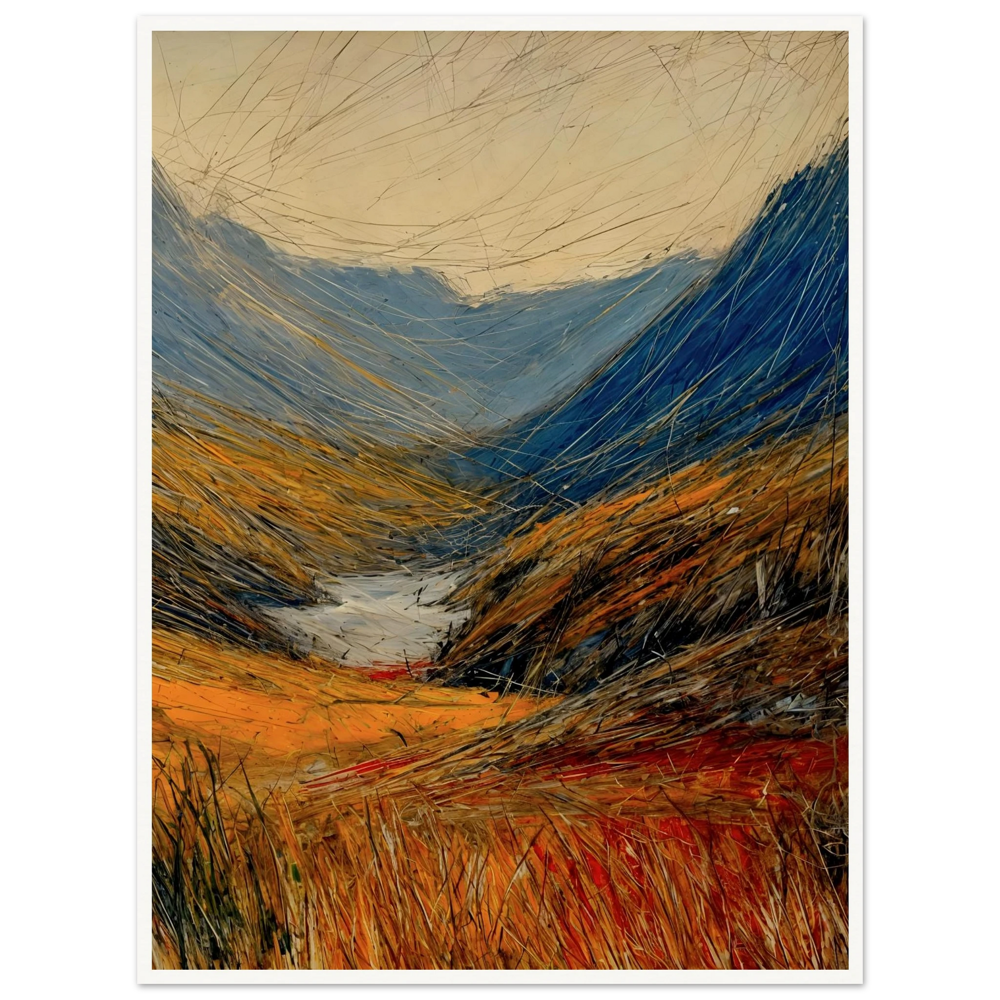 Windswept valley of golden grasses and deep blue mountains painted with vivid, dynamic strokes under a pale sky.