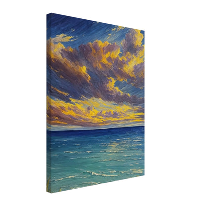 A vibrant painting of a serene ocean at sunset with dramatic clouds and golden light reflecting on the water.