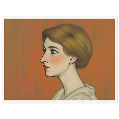 A refined side-profile portrait of a woman with auburn hair, delicate features, and soft blue eyes against a warm amber backdrop.