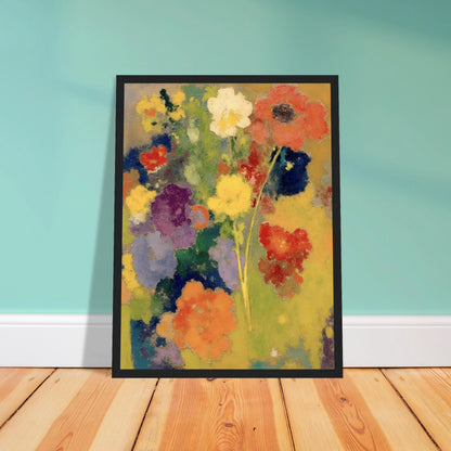 Soft garden flowers in red, white, yellow, purple, and orange bloom against a warm golden field.