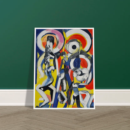 Abstract painting featuring dynamic, elongated figures in motion with bold, swirling shapes in red, blue, yellow, and black.