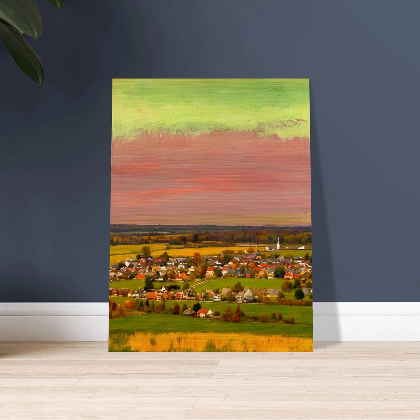 Sunset-lit village landscape with vivid pink, green, and yellow skies over fields and houses.