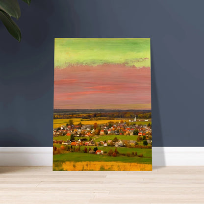 Sunset-lit village landscape with vivid pink, green, and yellow skies over fields and houses.