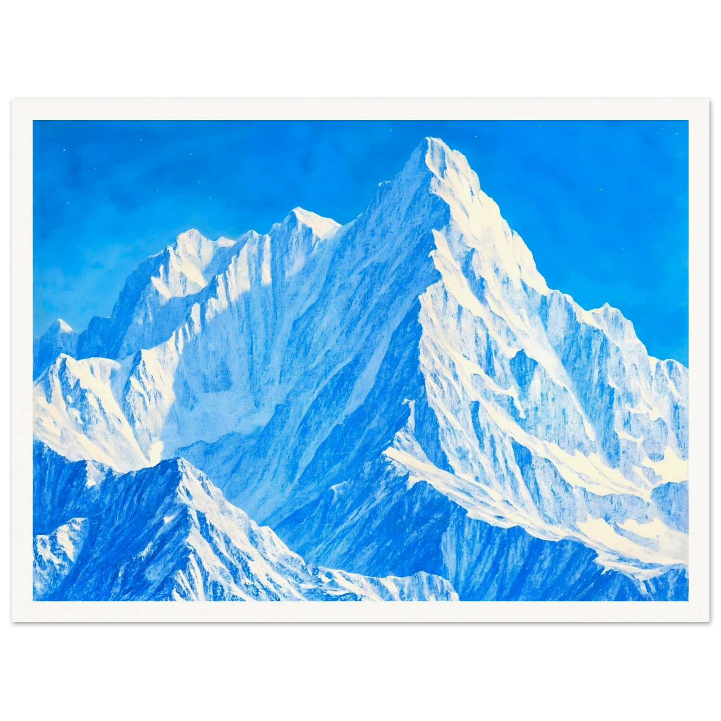 Towering icy mountain peaks glow in brilliant blues and whites beneath a crystal sky, evoking grandeur and stillness.