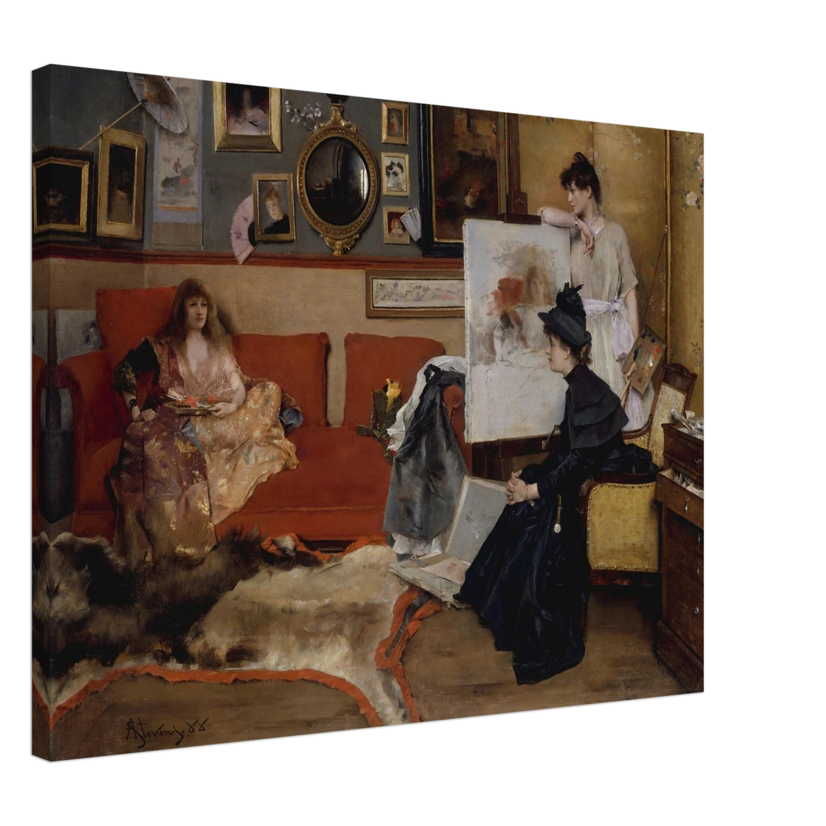 Three women gather in an artist’s studio with an easel, red sofa, framed pictures, and scattered art materials.