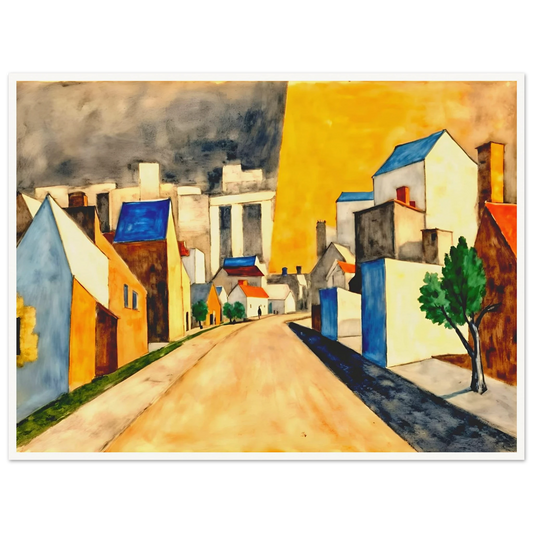 An expressionist townscape featuring a winding street lined with white and golden buildings, vivid blue rooftops, green trees, and a dramatic yellow sky contrasted by dark clouds.