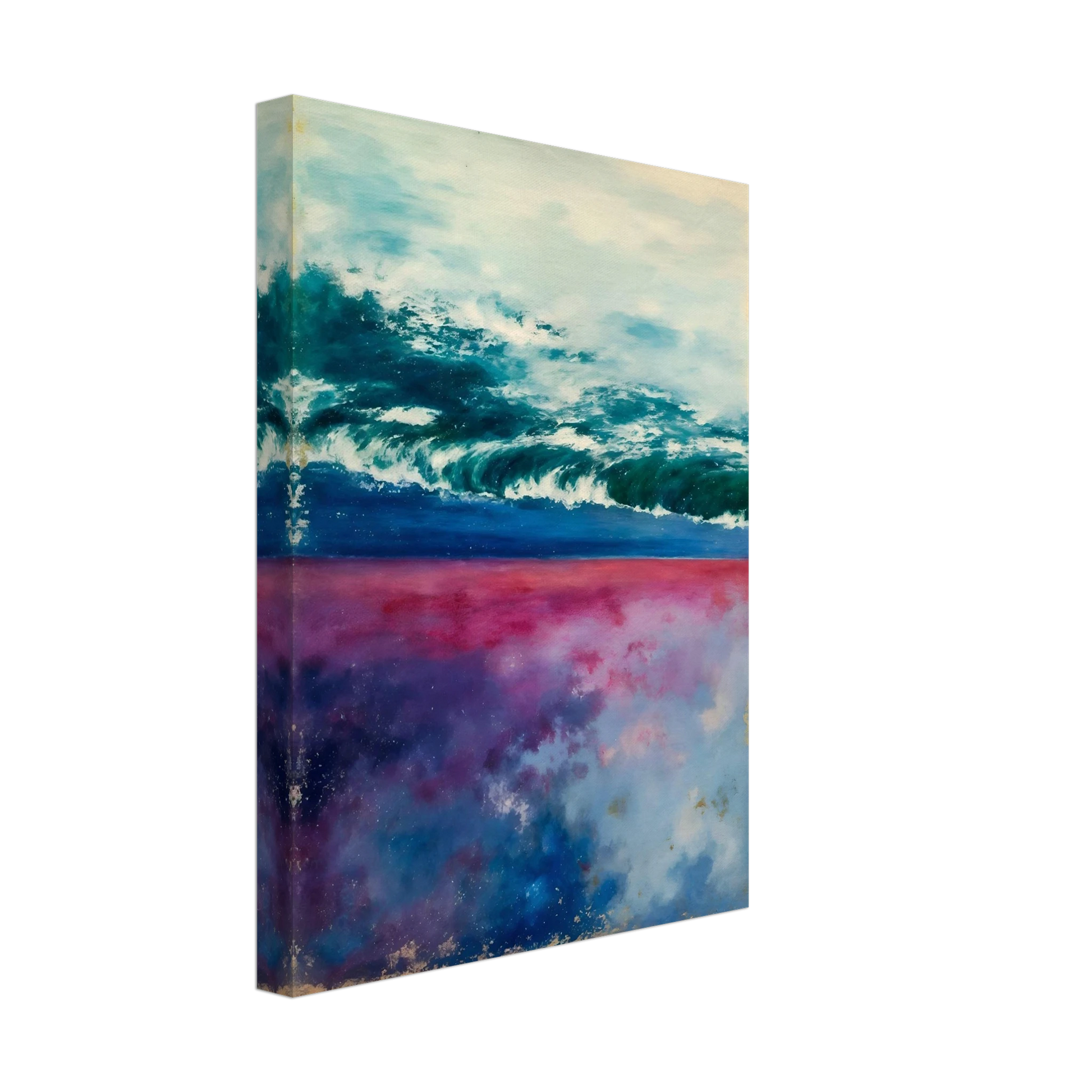 Teal ocean waves roll beneath a pale sky, with pink and blue reflections glowing below.