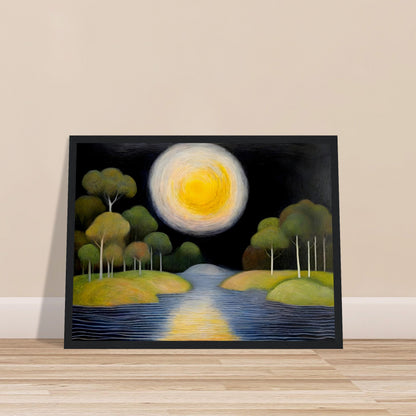 A dreamlike night scene featuring a glowing golden moon over a calm river, surrounded by lush green trees on rolling islands, reflecting a soft celestial light.