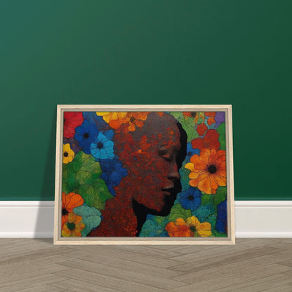 "A colorful and intricate painting of a silhouetted face surrounded by vivid red, blue, yellow, and orange flowers, blending nature with human form."