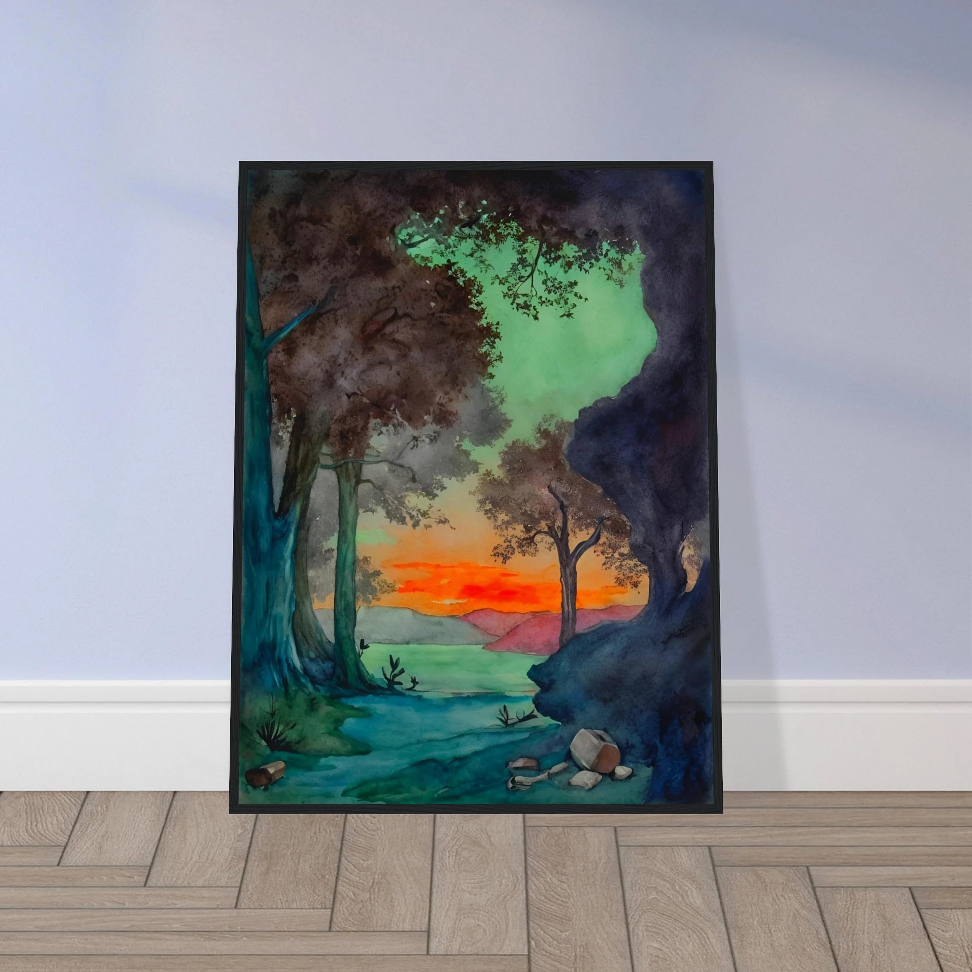Sunset glows behind a forest clearing and mountain lake, framed by dark trees and vivid green and blue shadows.