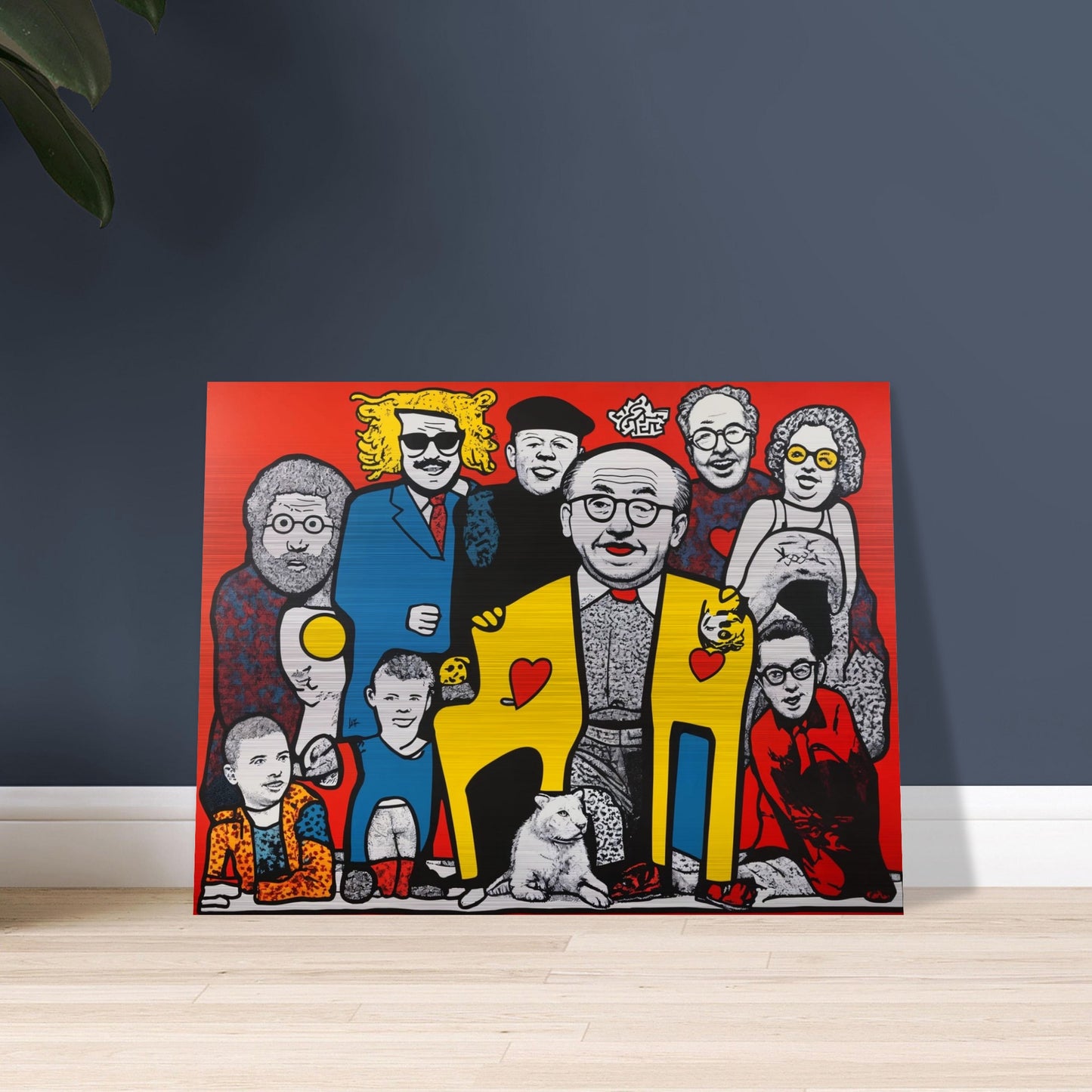 A vibrant pop-art style painting of a diverse group of people, featuring bold colors, stylized figures, and heart motifs on a red background.