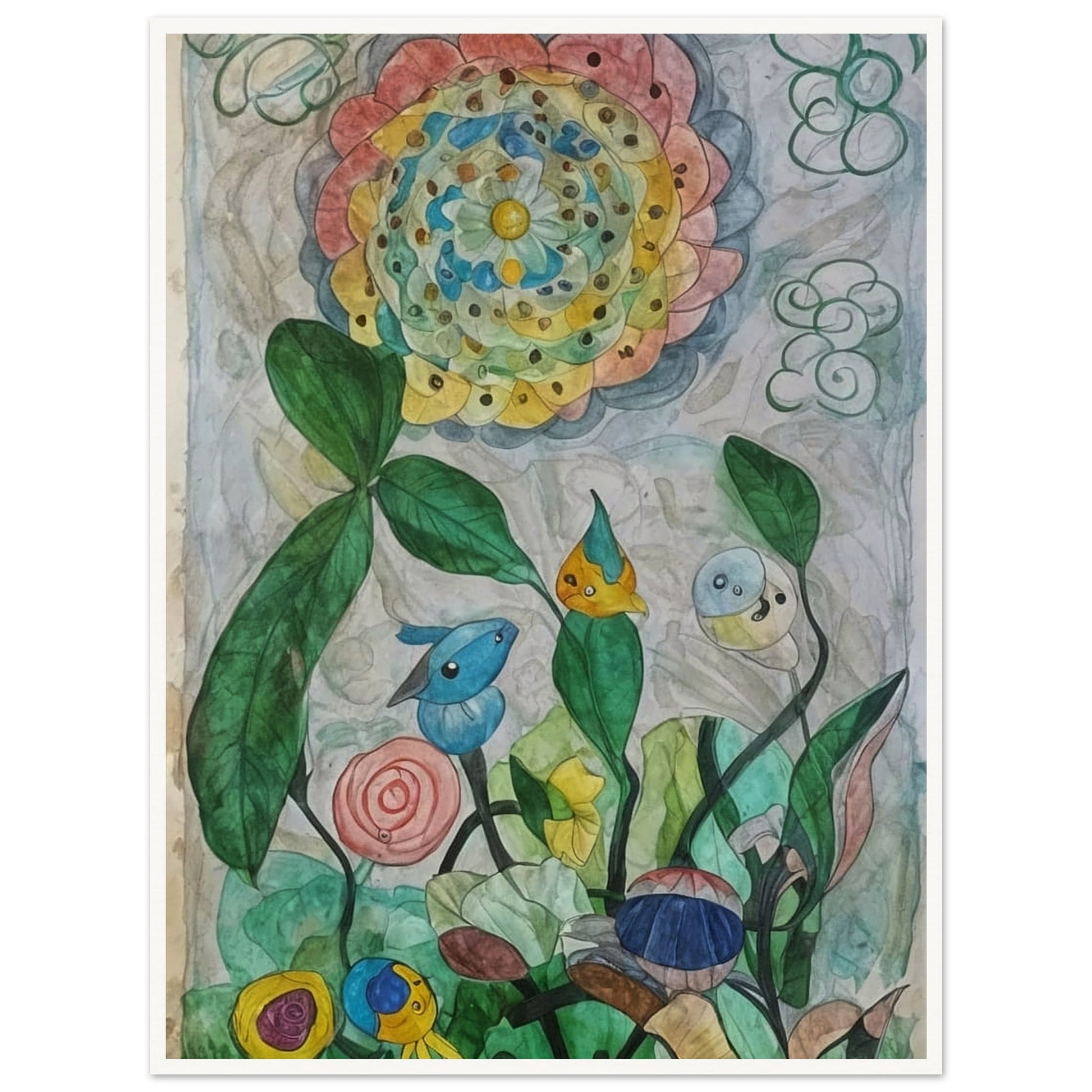 A whimsical watercolor painting of a colorful garden with abstract flowers and playful creatures.