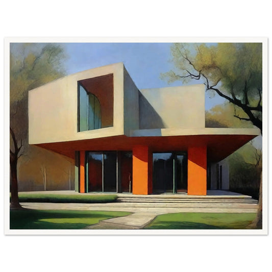 A striking modern architectural building with clean lines and orange accents, bathed in soft sunlight surrounded by trees.