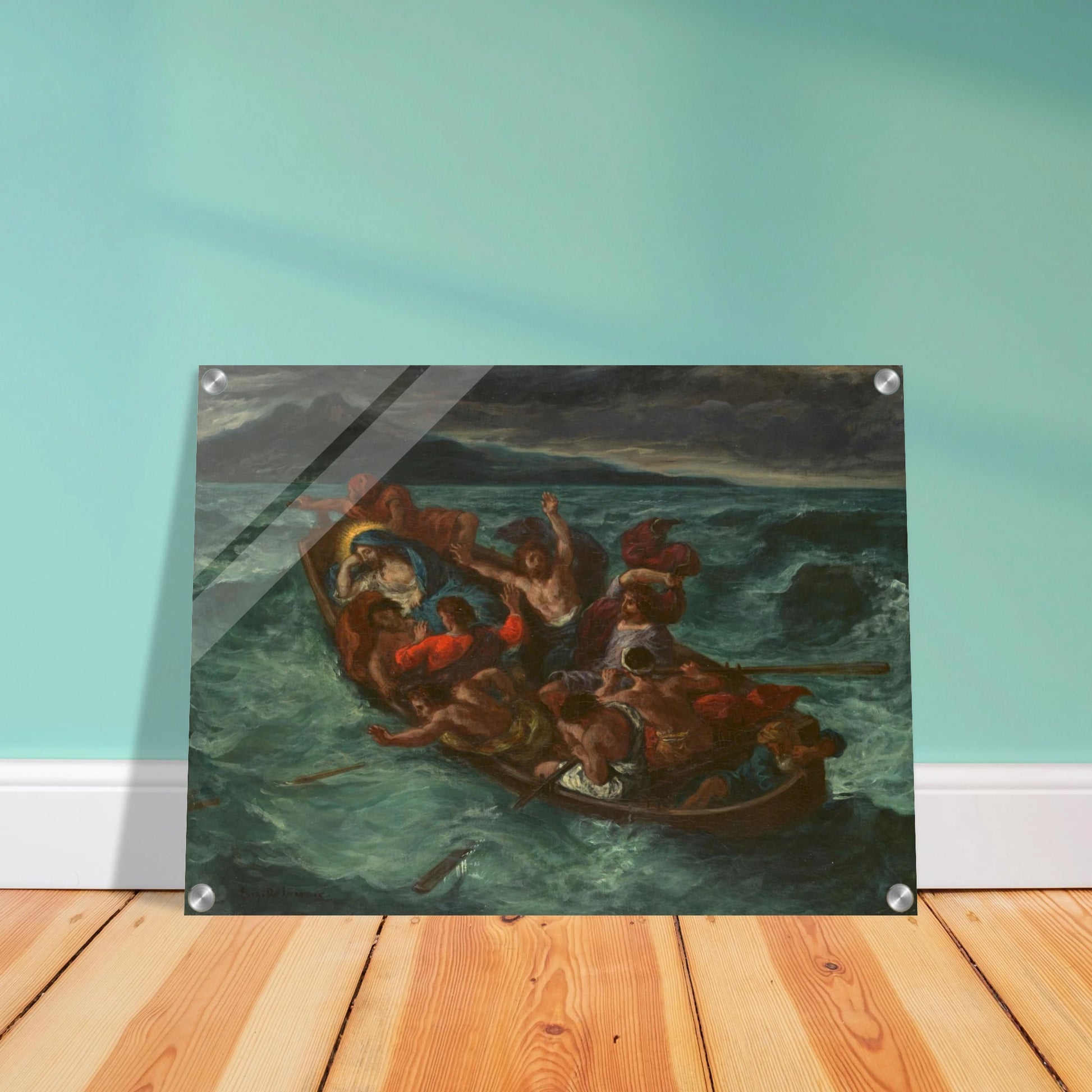 Christ sleeps in a crowded boat as terrified disciples struggle through a violent storm on a dark, churning sea.
