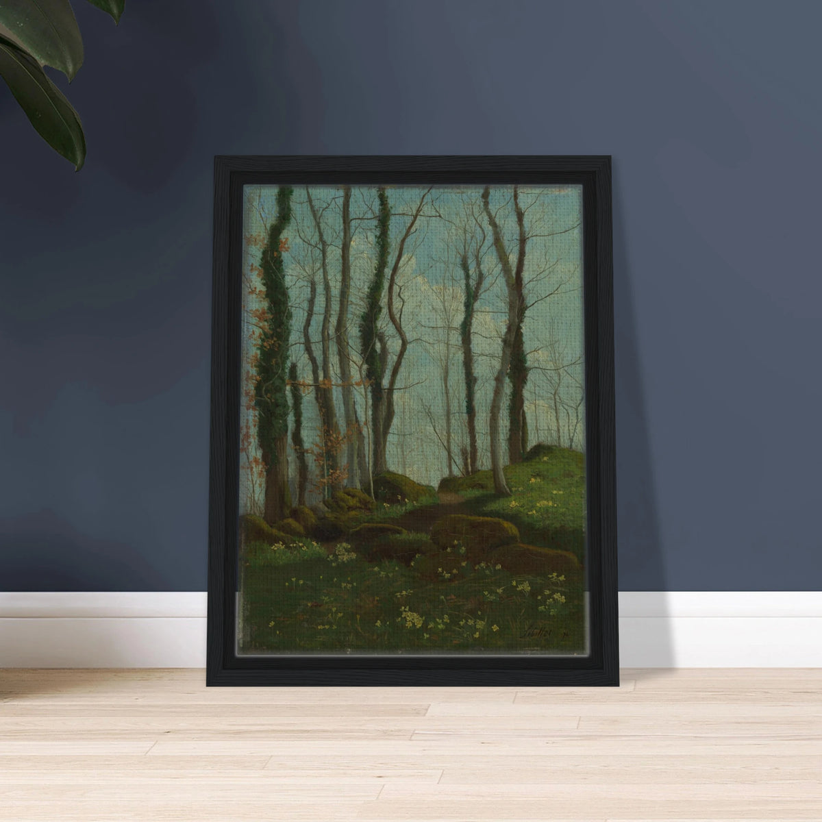A quiet woodland lane winds through tall trees, mossy rocks, and small flowers under a blue-green sky.