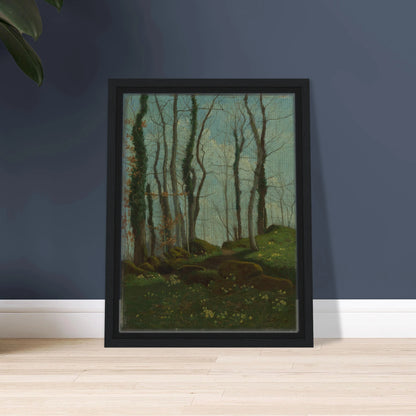 A quiet woodland lane winds through tall trees, mossy rocks, and small flowers under a blue-green sky.