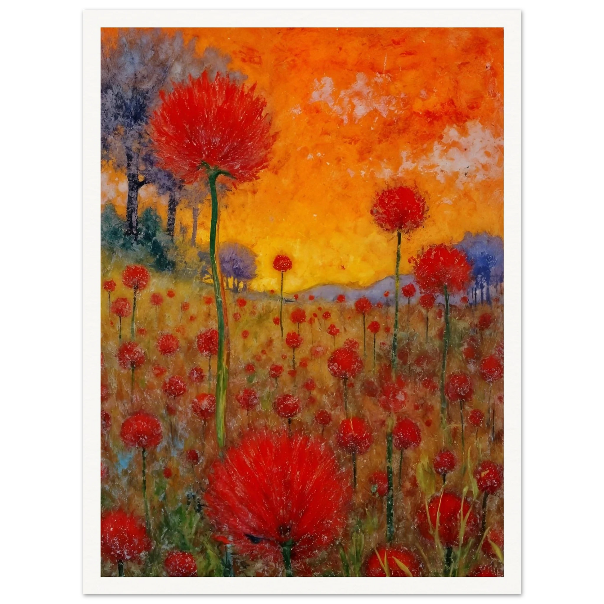 A radiant field of red blossoms under a glowing orange sky, blending vibrant warmth with a dreamy sense of renewal.