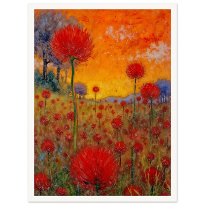 A radiant field of red blossoms under a glowing orange sky, blending vibrant warmth with a dreamy sense of renewal.
